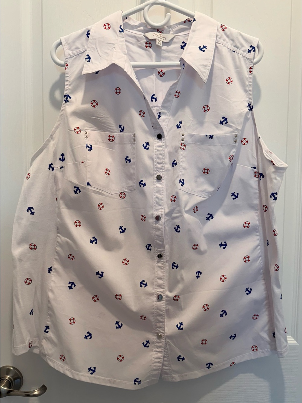 Sleeveless Nautical Print Button-Front Top - White/Blue/Red